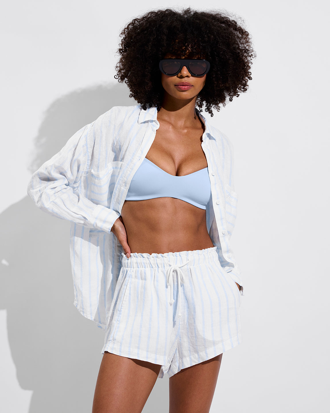 La Plage Top - Blue Skies + Getaway Button Down + Getaway Short - Daybreak Stripe: Blue Skies / Coconut (Size S)