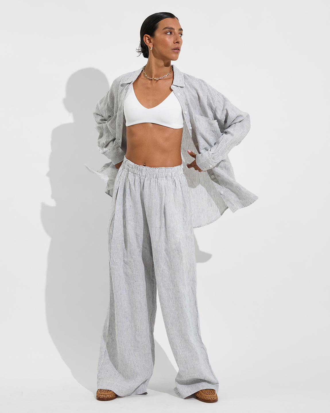 Sunday Top - Coconut + Getaway Button Down + Coastal Pant - Varsity/Coconut (Size S)