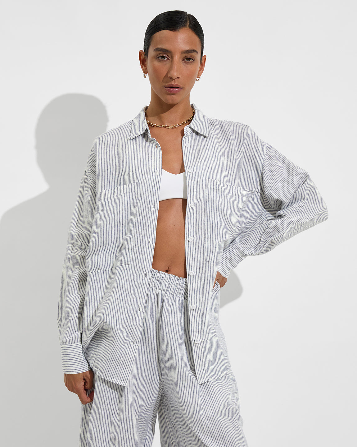 Sunday Top - Coconut + Getaway Button Down + Coastal Pant - Varsity/Coconut (Size S)
