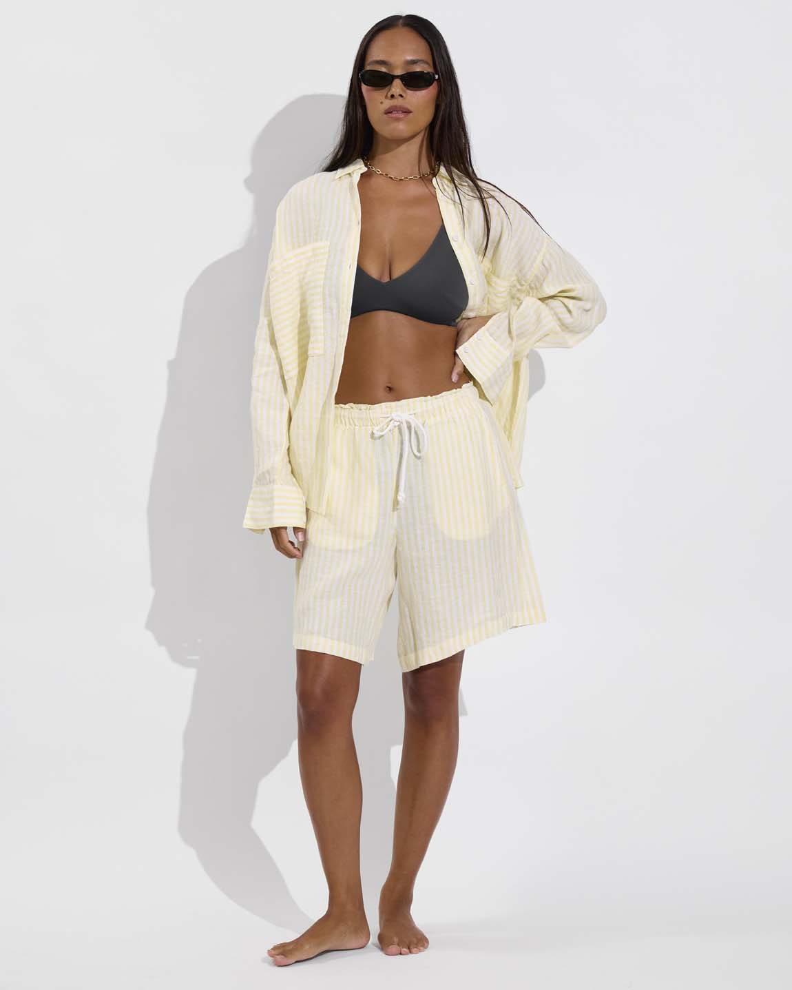 Sunday Top D+ (32DD, Size S) + Dip Bottom - Eclipse + Getaway Button Down (Size S/M) + Getaway Short 9" - Bungalow Stripe: Melt / Coconut (Size S)