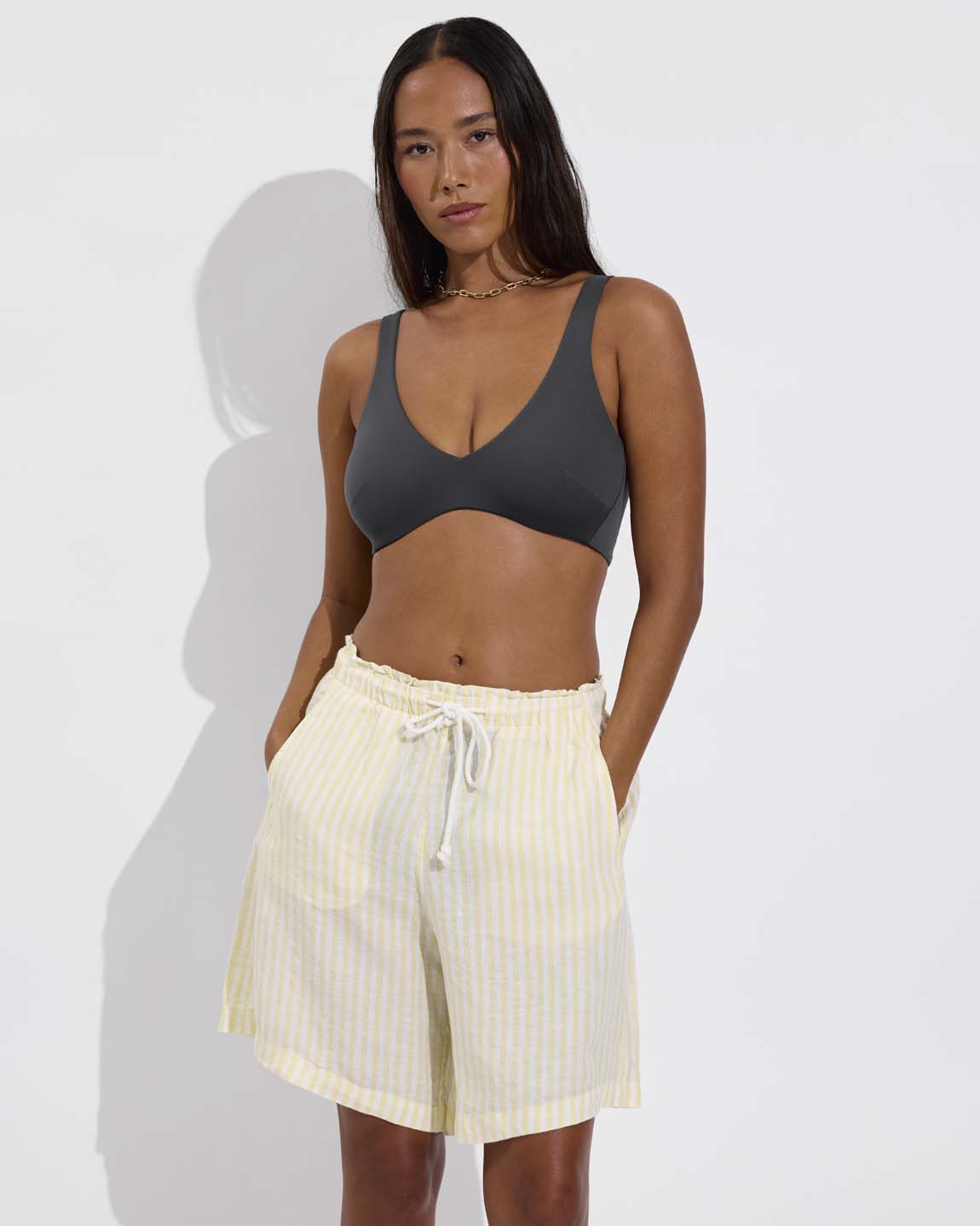 Sunday Top D+ (32DD, Size S) - Eclipse + Getaway Short 9" - Bungalow Stripe: Melt / Coconut (Size S)