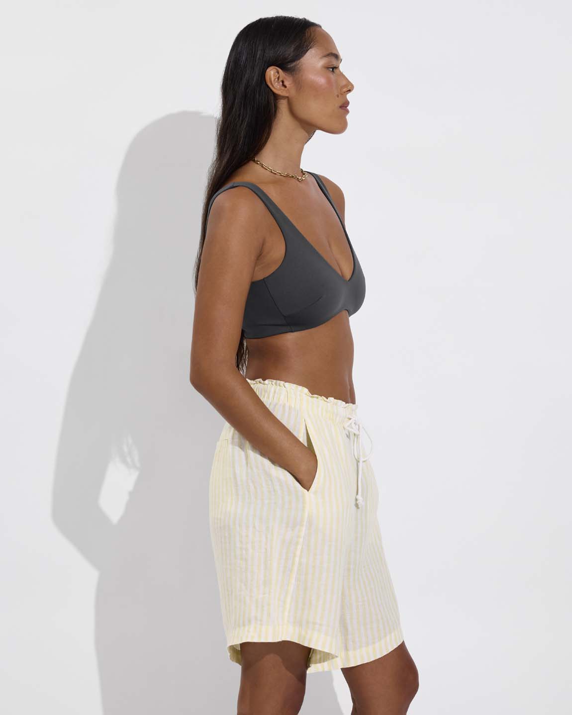 Sunday Top D+ (32DD, Size S) - Eclipse + Getaway Short 9" - Bungalow Stripe: Melt / Coconut (Size S)