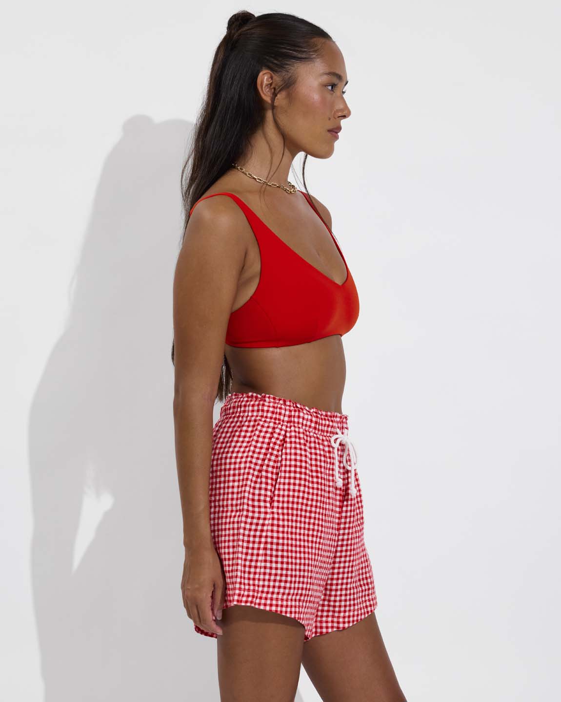Sunday Top D+ - Sweet Chili Heat (32DD, Size S) + Getaway Short 5" - Gingham: Sweet Chili Heat / Coconut (Size S)