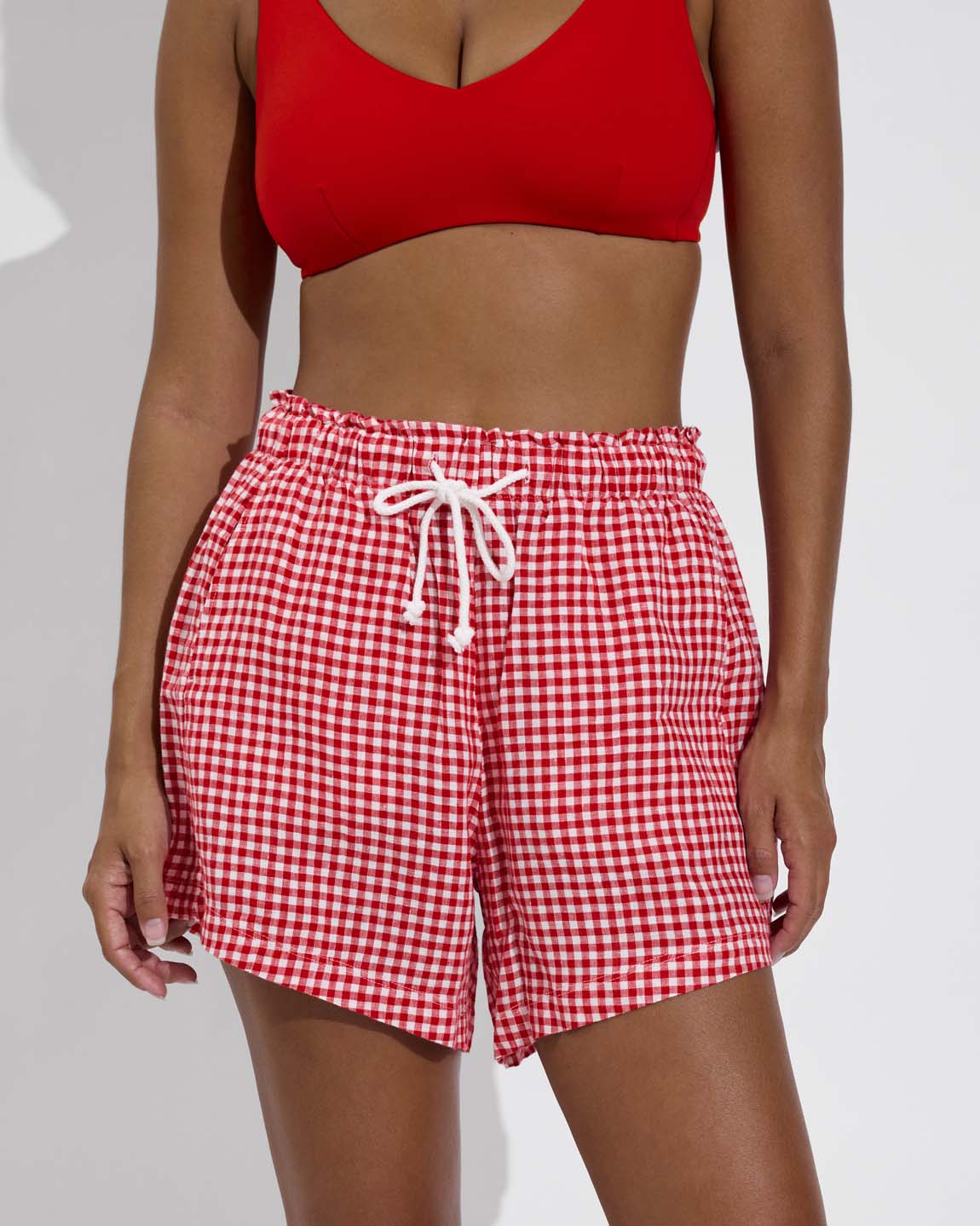 Sunday Top D+ - Sweet Chili Heat (32DD, Size S) + Getaway Short 5" - Gingham: Sweet Chili Heat / Coconut (Size S)