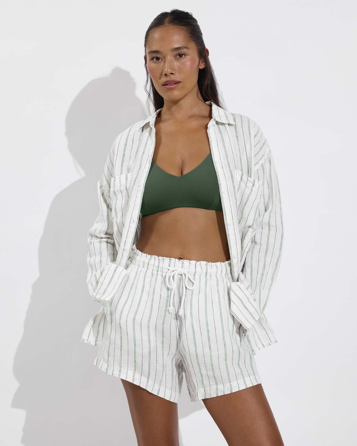 Sunday D+ - Tropics (32DD, Size S) + Getaway Short 5" (Size S) + Getaway Button Down - Sandbar Stripe: Coconut / Tropics (Size S/M)