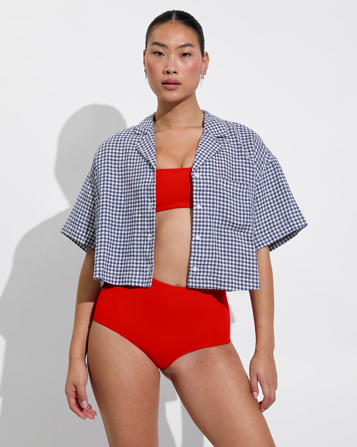 Pool Days Top + Barrel Bottom - Sweet Chili Heat + Leisure Shirt - Gingham: Varsity / Coconut (Size S)