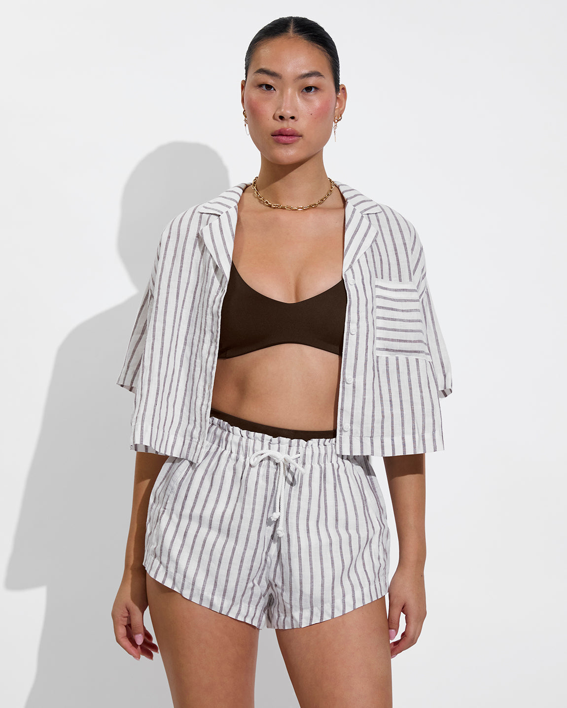 Leisure Shirt + Getaway Short - Classic Stripe: Stormy/Coconut (Size S/M) + Sunday Top - Cold Brew (Size S)