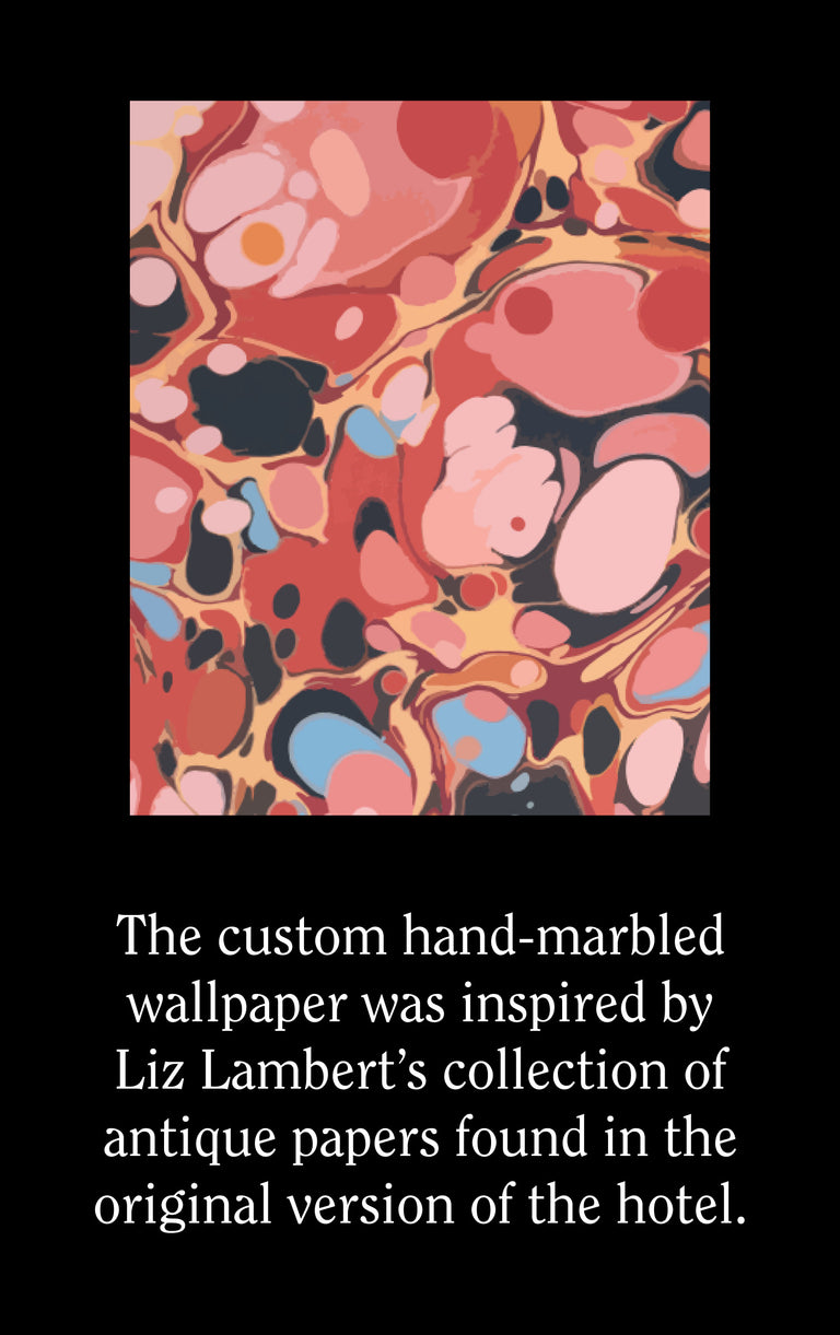 Marbled wallpaper design with text about Liz Lambert's x LOF collection