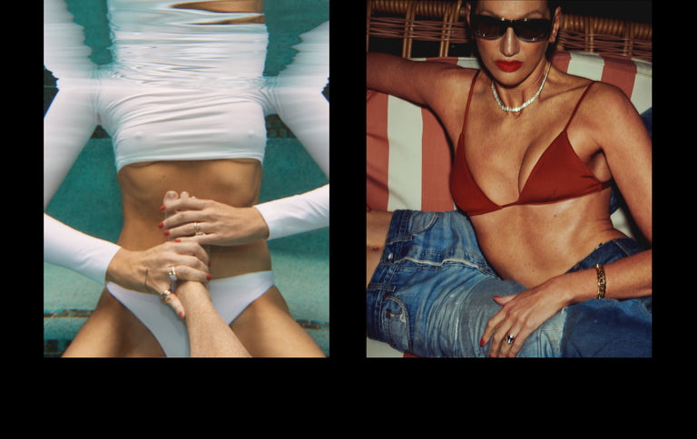 Sandy Top paired with wear to bottom and rays long sleeve top in coconut paired with Jenna Lyons quote about LOF collab