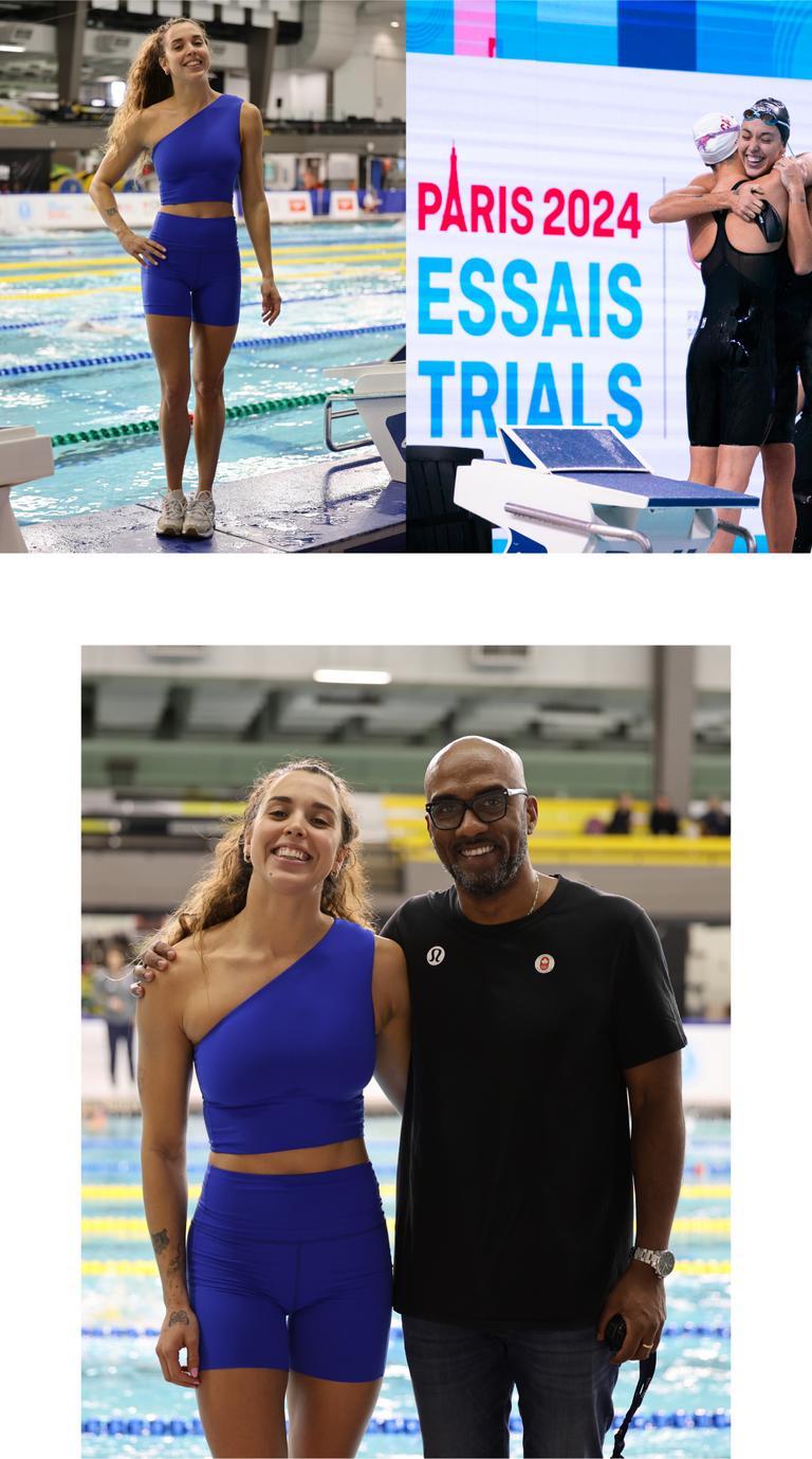 Mary-Sophie Harvey in blue Left On Friday Super Moves outfit standing on a pool deck with 'Paris 2024 Essais Trials' sign in the background