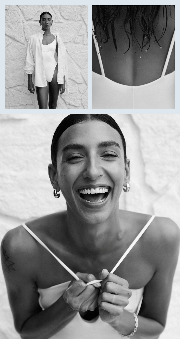 Woman in Peak Suit and Reef Suit paired with Getaway Button down in Coconut