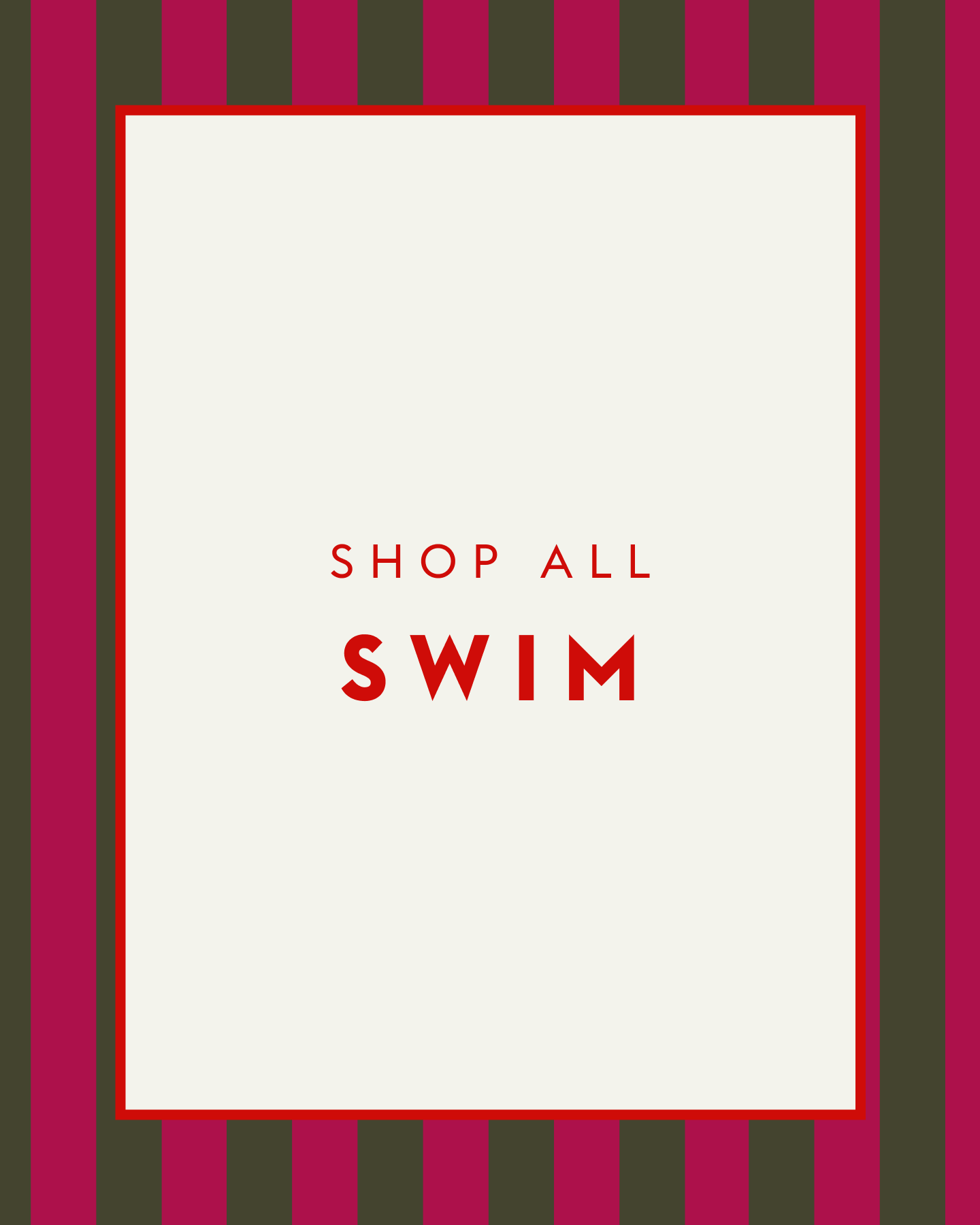 Promotional graphic with 'Shop All Swim' text on a white background with red and green striped border