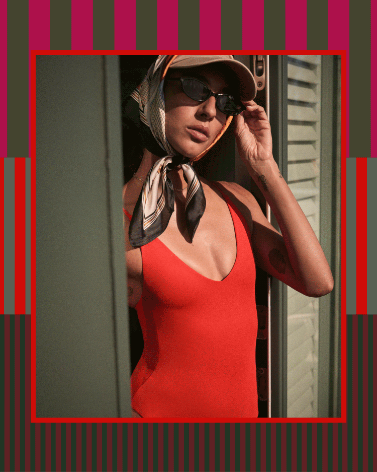 Two women in Left On Friday swimsuits with a decorative border