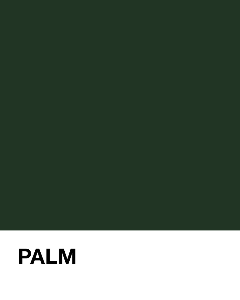Solid palm green color swatch with 'PALM' text at the bottom