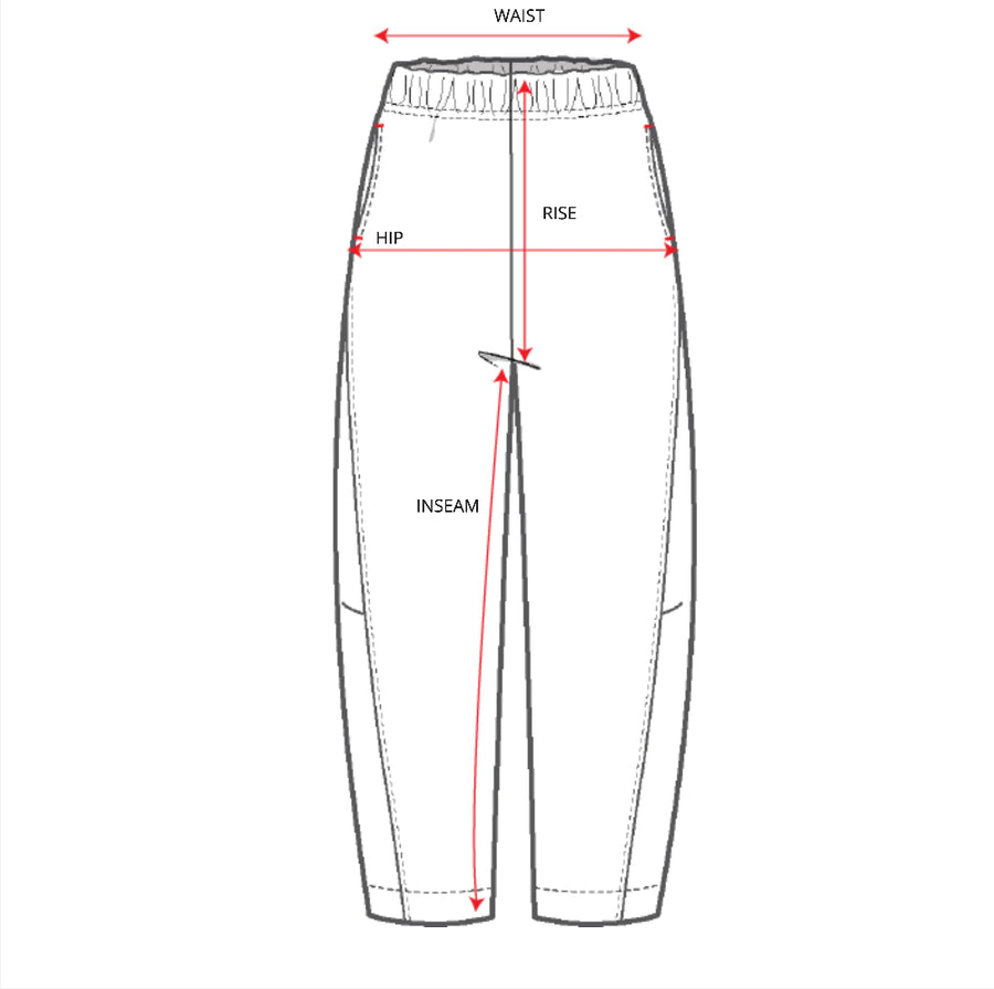 Diagram of pants with labeled measurements on a white background