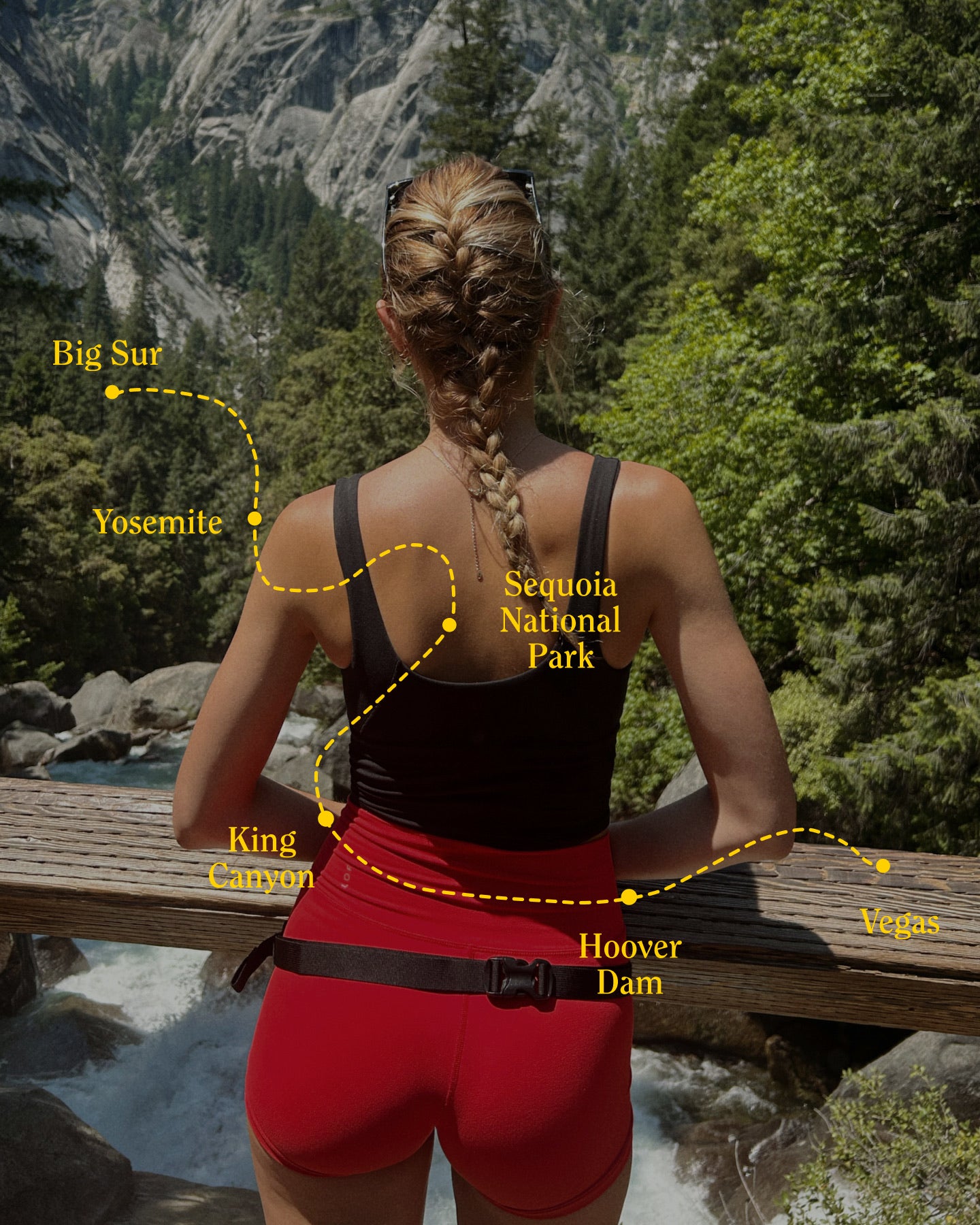 A woman seen from behind wearing a black tank top and red shorts, standing on a wooden bridge in a mountain landscape with trees and a river. Yellow dotted lines and text labels point to locations including Big Sur, Yosemite, Sequoia National Park, King Canyon, Hoover Dam, and Vegas.