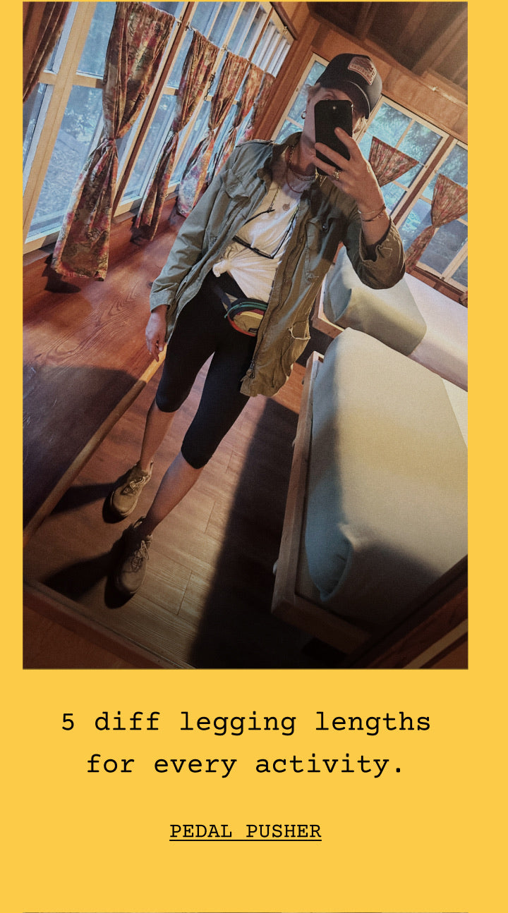 A woman wearing a pedal pusher in Jet. Below the photo is yellow text reading '5 diff legging lengths for every activity.