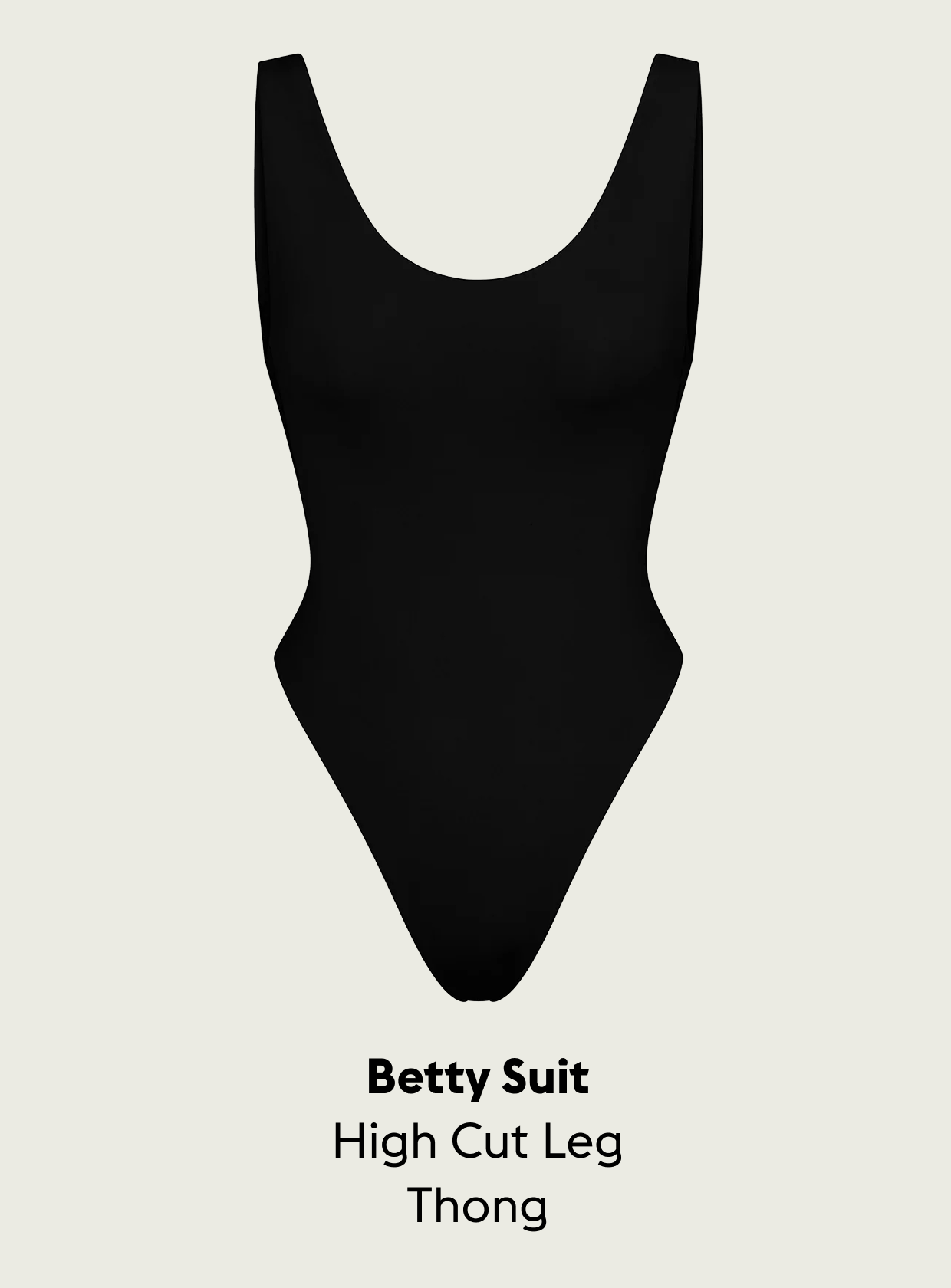 Black Betty Suit flat with text 'Betty Suit High Cut Leg Thong'