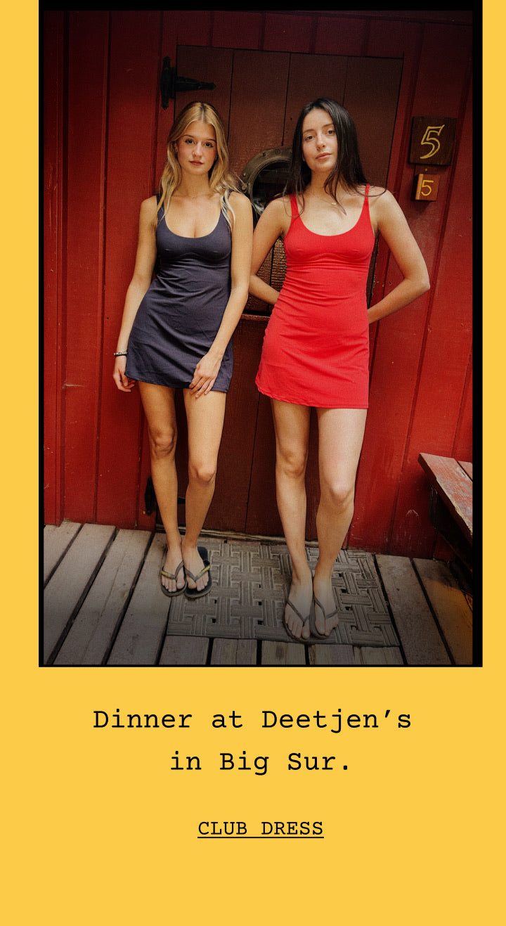A yellow-bordered graphic with a central photo of two women standing in front of a red wooden door wearing the club dress in Jet and Sweet Chili Heat, captioned 'Dinner at Deetjen's in Big Sur.' and 'CLUB DRESS'.