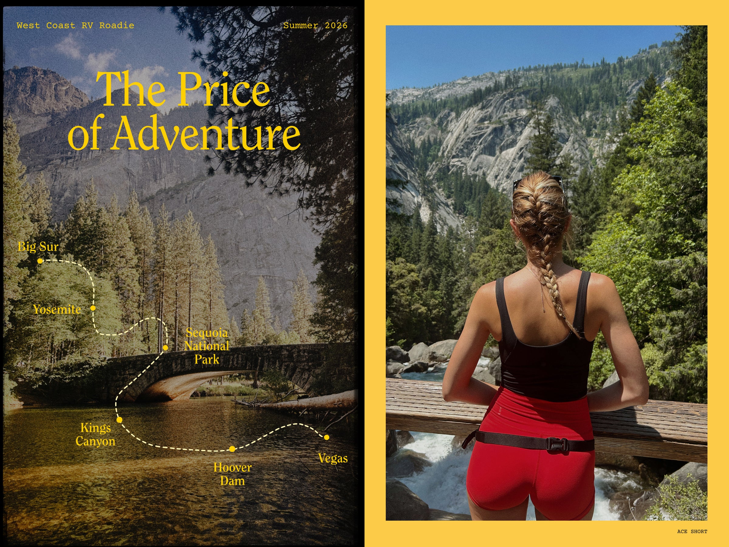 A split-panel promotional image with a scenic mountain-and-river landscape on the left under the headline 'The Price of Adventure,' overlaid with dotted route labels and a map. The right panel shows a woman from behind wearing a black top and bright red shorts, standing on a wooden bridge in a forested mountain valley.
