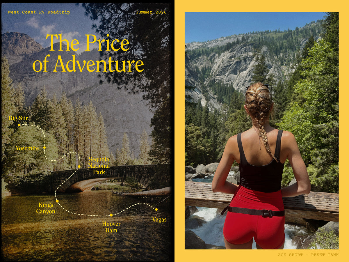 A split-panel promotional image with a scenic mountain-and-river landscape on the left under the headline 'The Price of Adventure,' overlaid with dotted route labels and a map. The right panel shows a woman from behind wearing a the replay tank in jet and ace short in sweet chili heat, standing on a wooden bridge in a forested mountain valley. 