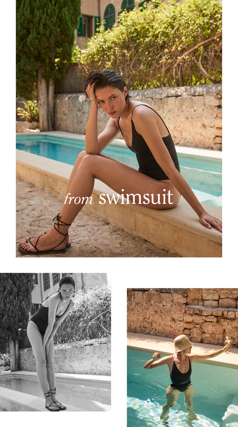 Woman in a black Sunday Suit sitting by a pool with additional images of her in various poses with text 'from swimsuit'.