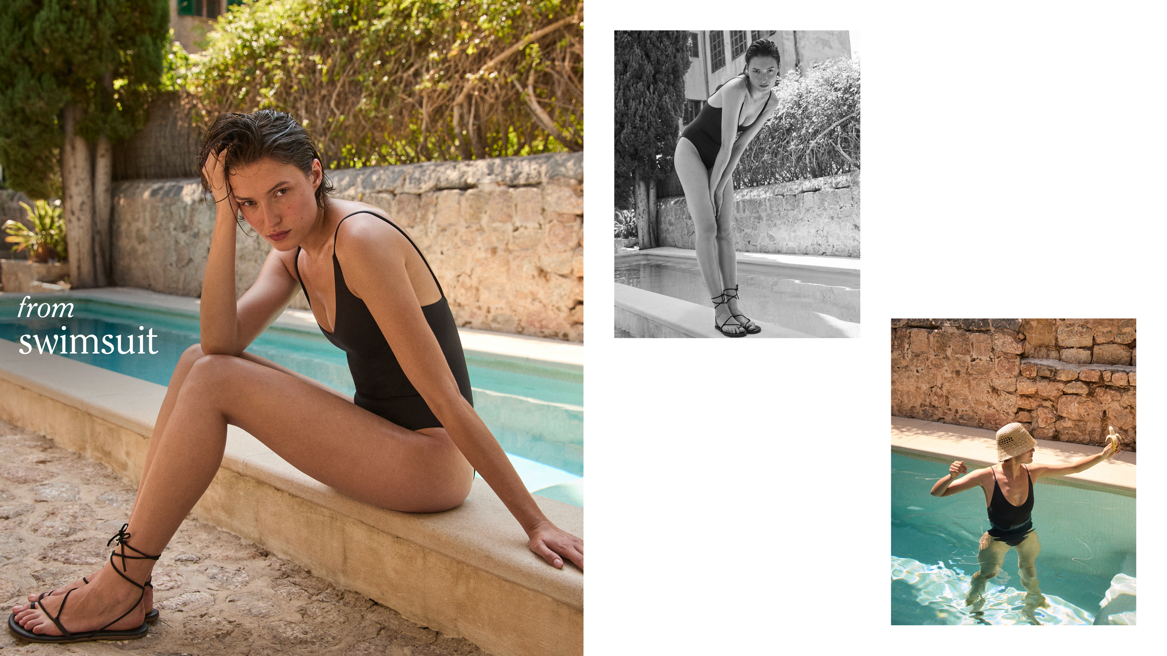 Woman in a black Sunday Suit sitting by a pool with additional images of her in various poses with text 'from swimsuit'.