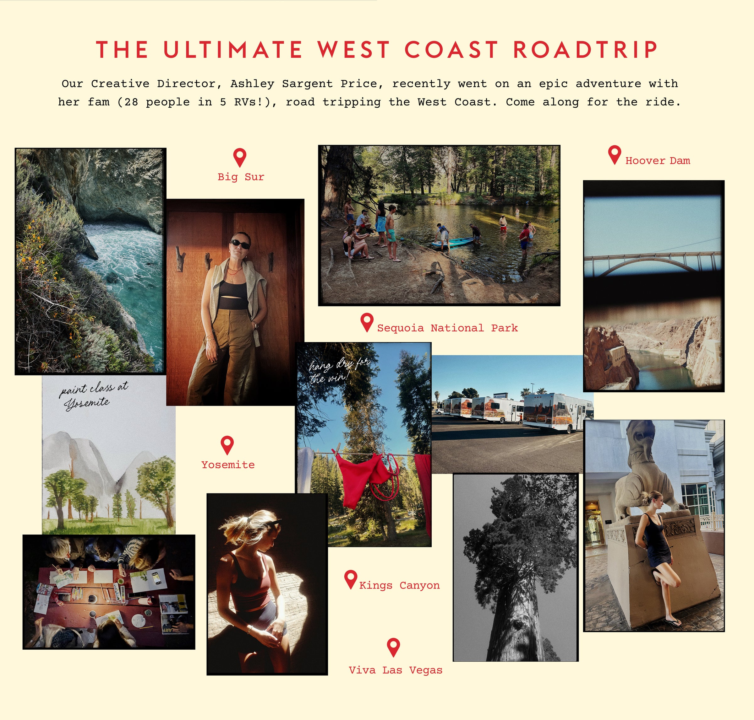 A collage-style travel poster titled 'THE ULTIMATE WEST COAST ROADTRIP' with a cream background, red text, and multiple small travel photos arranged around location pins including Big Sur, Hoover Dam, Sequoia National Park, Toysmith, Kings Canyon, and Viva Las Vegas.