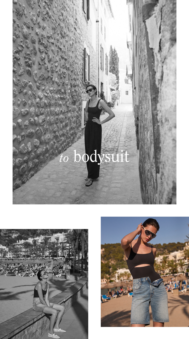 Woman wearing a black Left On Friday one pieces in various settings with text 'to bodysuit'.