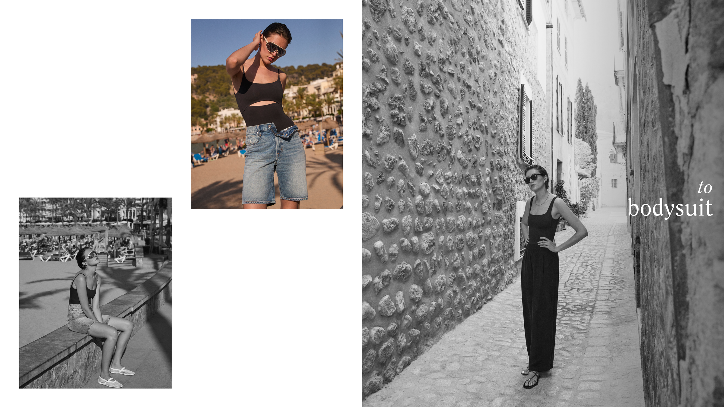 Woman wearing a black Left On Friday one pieces in various settings with text 'to bodysuit'.