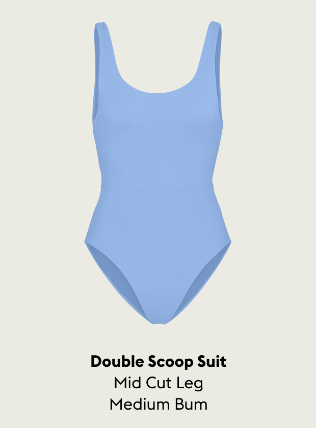 Blue Skies Double Scoop Suit with 'Double Scoop Suit Mid Cut Leg Medium Bum' text on a light gray background