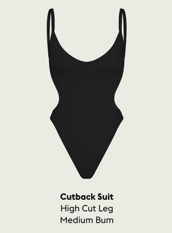 Black cutback suit with thin straps on a light gray background
