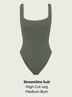 Agave Streamline Suit with high cut leg and medium bum on a light gray background