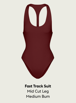 Jam (Maroon) Fast Track suit with text indicating 'Fast Track Suit Mid Cut Leg Medium Bum' on a beige background