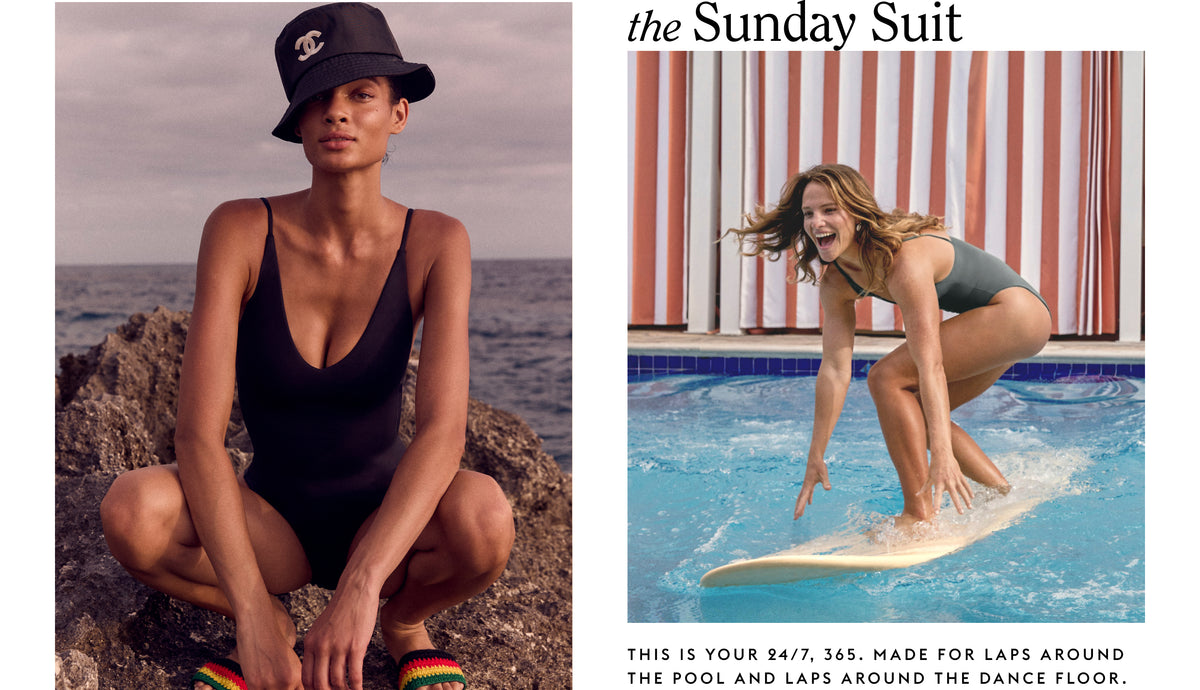 A split promotional image showing a woman wearing the sunday suit in two settings: crouching on rocks by the ocean on the left, and surfing in a pool wearing a green one-piece on the right. Text at the top reads 'the Sunday Suit' with descriptive copy below.