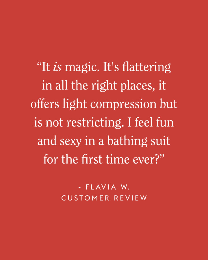 A red square graphic with a centered white quote from Flavia W. Customer Review.