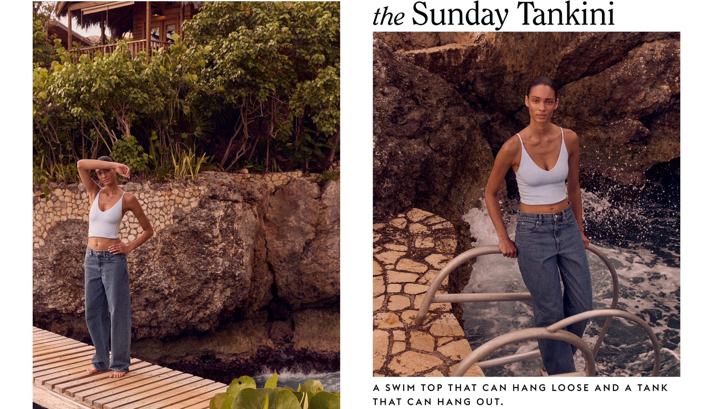A split-screen lifestyle image featuring a model wearing the blue skies sunday tankini top and loose-fit blue jeans in an outdoor tropical setting. The left panel shows her standing on a wooden deck, and the right panel shows her by the water with rocks and waves in the background.