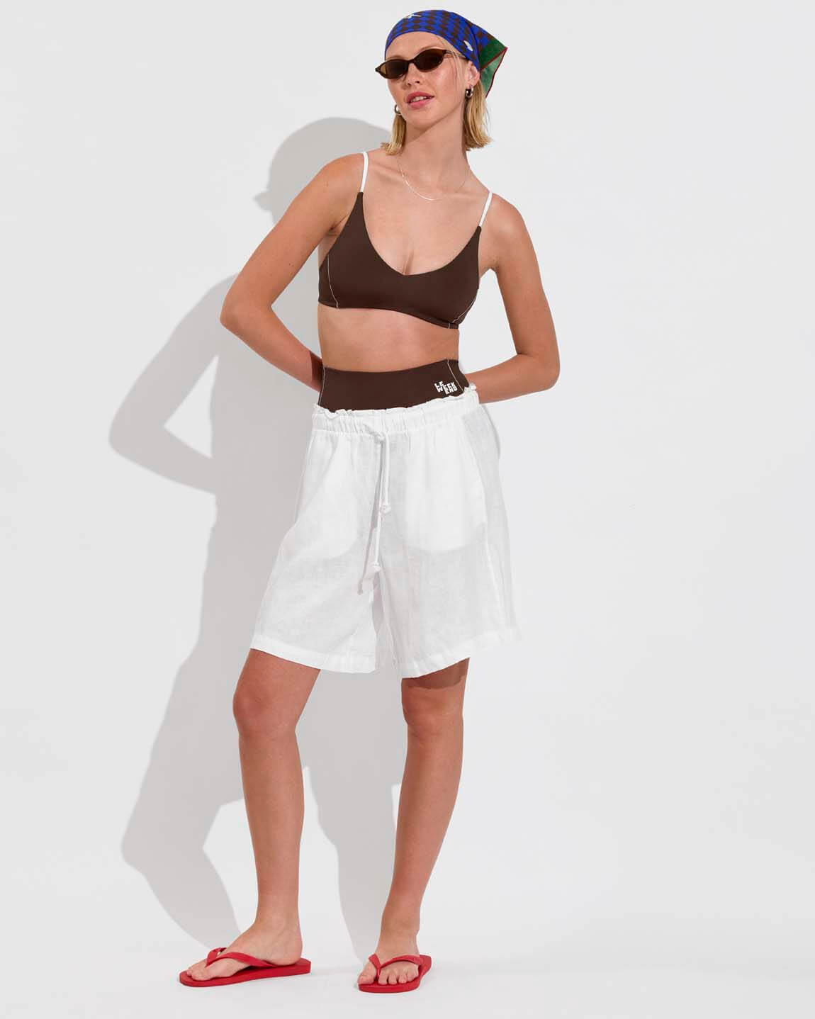 Sunday Top + Hi Tide Bottom *Clare V. Collab - Cold Brew / Coconut (Size S) with Bandana + Getaway Short 9" - Coconut (Size S)