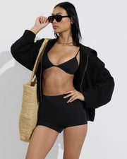 Sandy Top paired with Hi Line shortie and Beach Side Hoodie in Jet