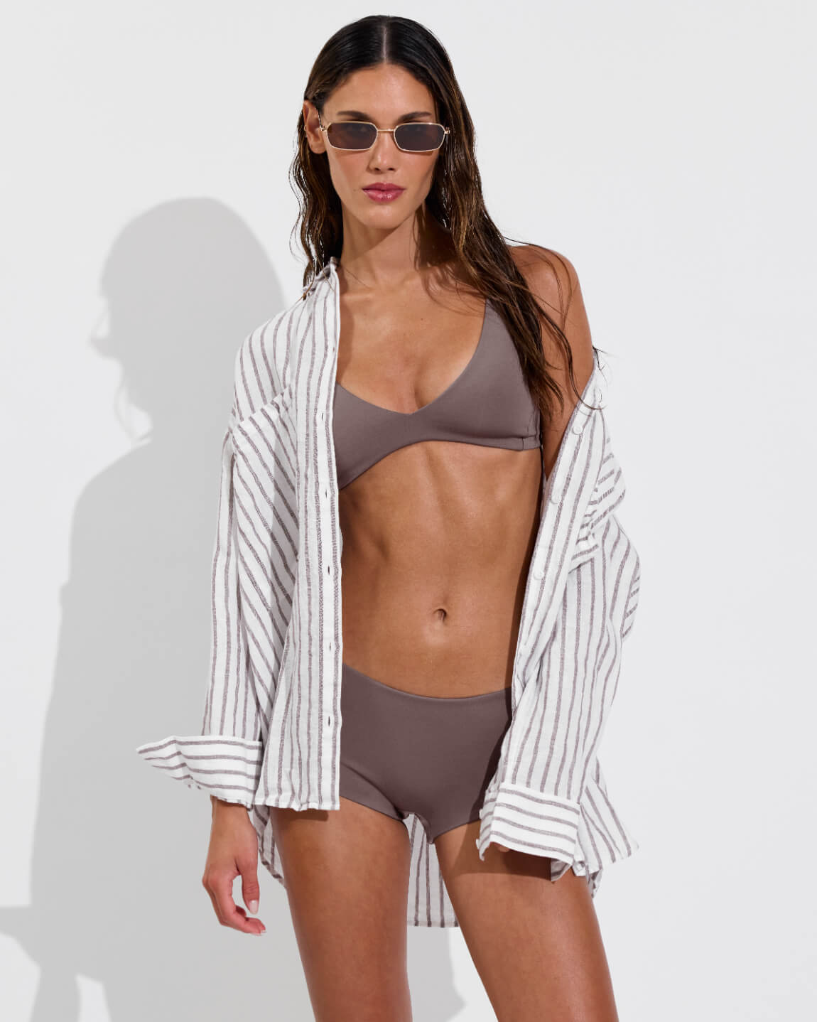 Plunge Top + Lo Lo Shortie - Stormy (Size S) + Getaway Button Down - Classic Stripe: Stormy / Coconut (Size S/M)