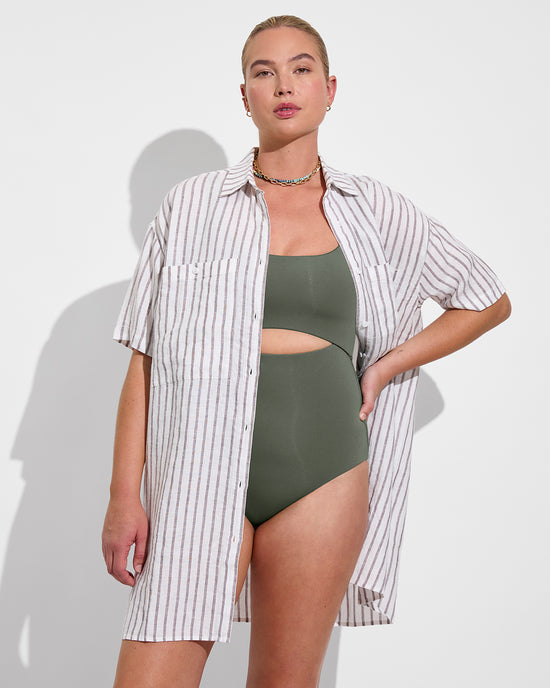 Peak Suit D+ - Agave (36DD, Size L) + Getaway Button Down - Coconut / Stormy (Size L)
