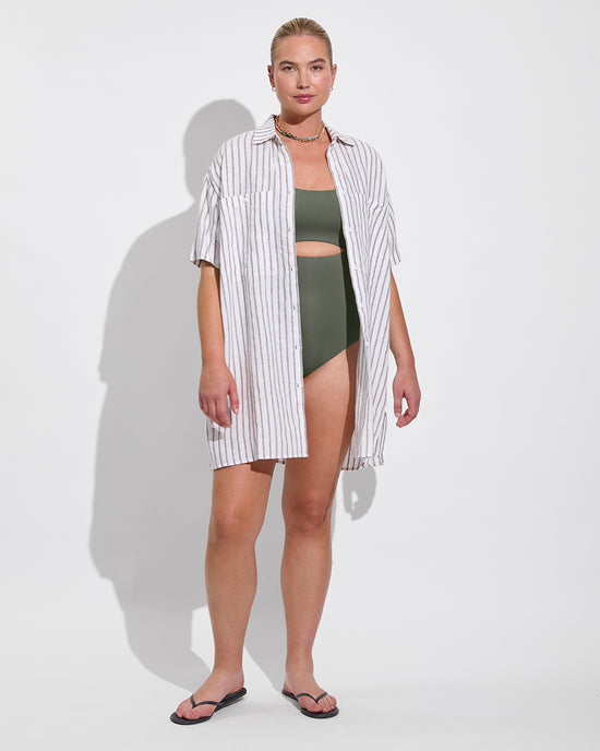 Peak Suit D+ - Agave (36DD, Size L) + Getaway Button Down - Coconut / Stormy (Size L)