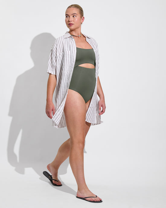 Peak Suit D+ - Agave (36DD, Size L) + Getaway Button Down - Coconut / Stormy (Size L)