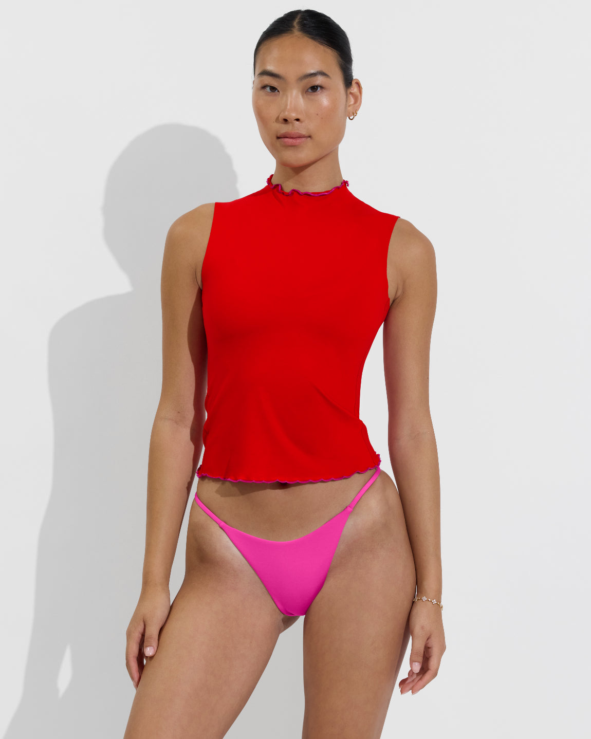 Rays Sleeveless Top *Long *Wavy - Sweet Chili Heat / Hot + Skinny Dip Bottom - Hot (Size S)
