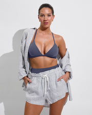 Reef Top D+ (34DD, Size L) + Hi Hi Bottom - Varsity + Getaway Button Down + Getaway Short - Coastal Stripe: Varsity / Coconut (Size L) 