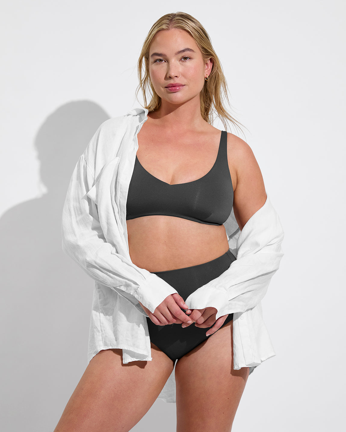 Sunday D+ Top (36DD, Size L) + Hi Tide Bottom - Eclipse (Size L) + Getaway Button Down - Coconut (Size L/XL)