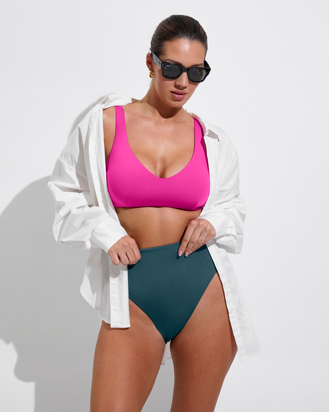 Sunday Top D+ (34DD, Size L) - Hot + Hi Hi Bottom - Deep End (Size L) + Port Button Down - Coconut (Size L/XL)