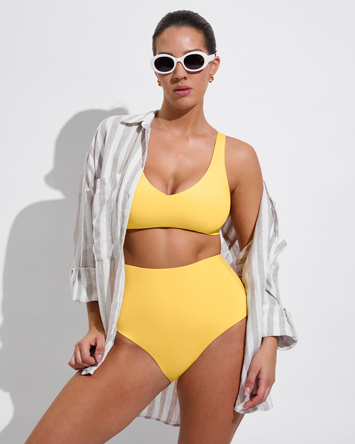 Sunday Top D+ (34DD, Size L) + Hi Tide Bottom - Mango (Size L) + Getaway Button Down - Beach / Coconut (Size L/XL)