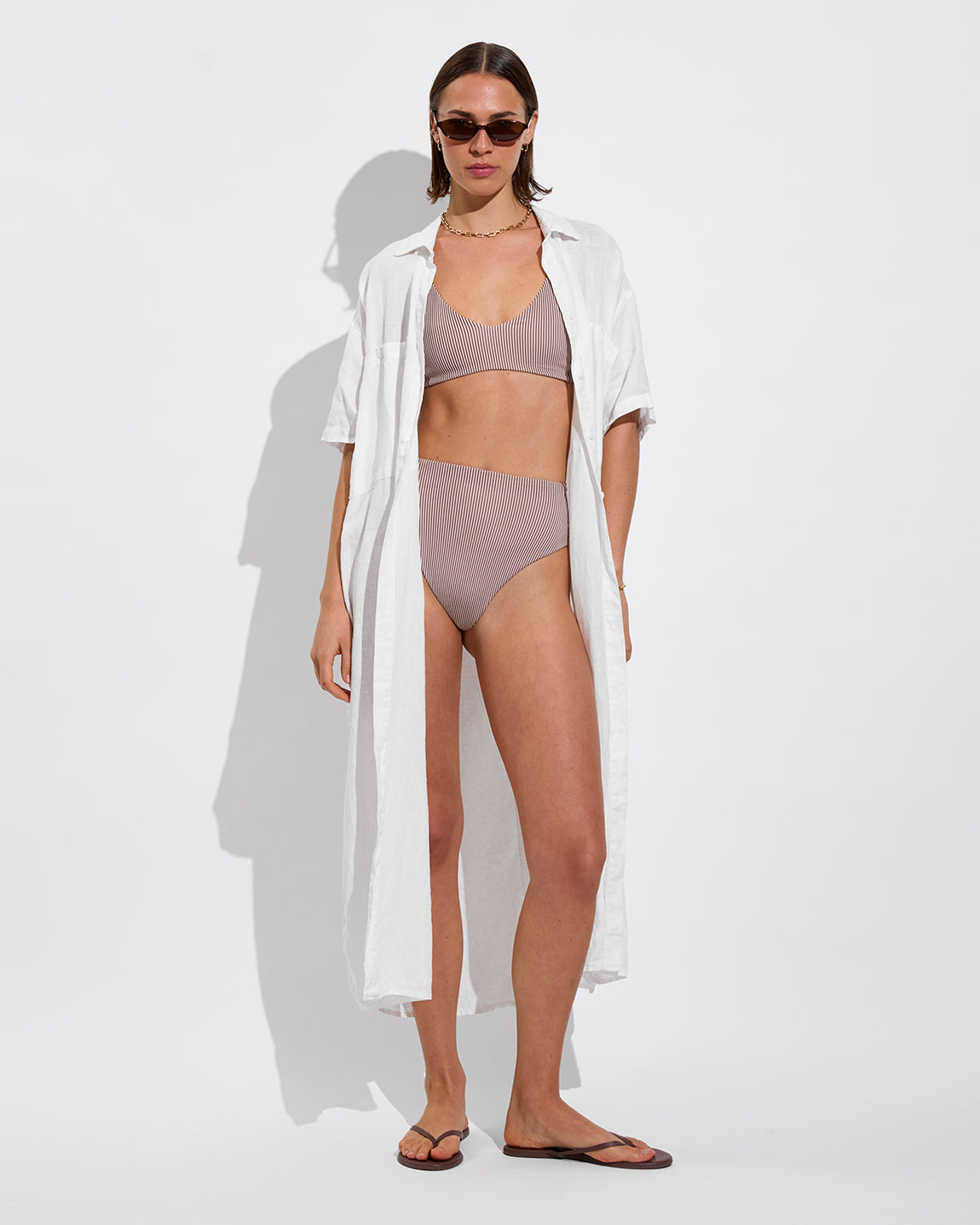 Sunday Top + Hi Hi Bottom - Tiki / Holiday Stripe (Size S) + Getaway Shirt Dress - Coconut (Size S/M)