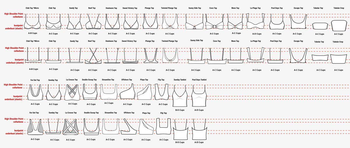 A size and style guide chart showing line drawings of various bra and top cup shapes arranged in a grid on a white background.